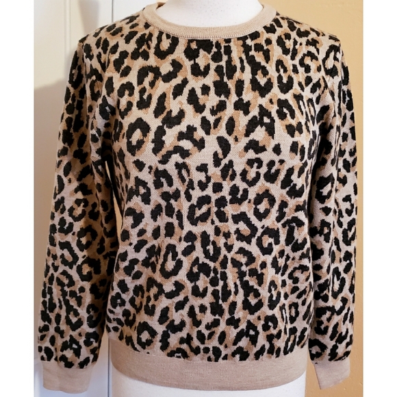 J. Crew Merino Wool Leopard Sweater Animal Print Tan Gray Knit - Picture 4 of 7